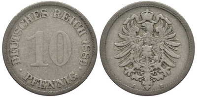 ГЕРМАНИЯ 10 ПФЕННИГОВ 1889 E, СТАРОГЕРБОВКА KM 4, Jager 4, Weege 7 медно-никель 4543-627