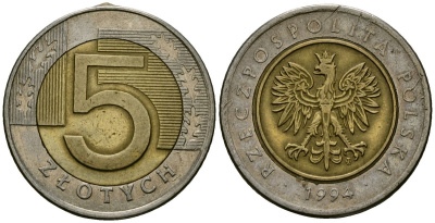 Польша 5 злотых 1994 MW KM 284 биметалл 4138-456