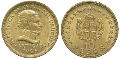 Уругвай 10 песо 1965 KM 48 алюминиевая бронза 69-324