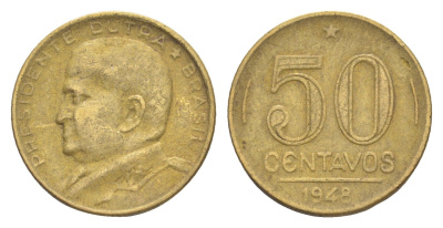 Бразилия 50 сентаво 1948 Эурику Дутра KM 563 алюминиевая бронза 4644-456