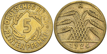 Германия 5 рентенпфеннигов 1924 A KM 32, J. 308 алюминиевая бронза 4151-656