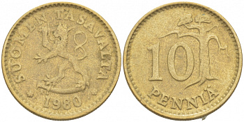 ФИНЛЯНДИЯ 10 ПЕННИ 1980 K KM 46 алюминиевая бронза 3718-134