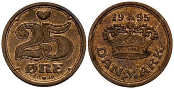 Дания 25 эре 1995 Маргрете II (1972- ) KM 868 бронза 4173-752