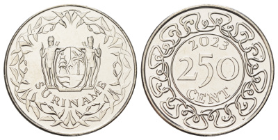Суринам 250 центов 2023  KM NEW никелированная сталь  UNC  4403-311