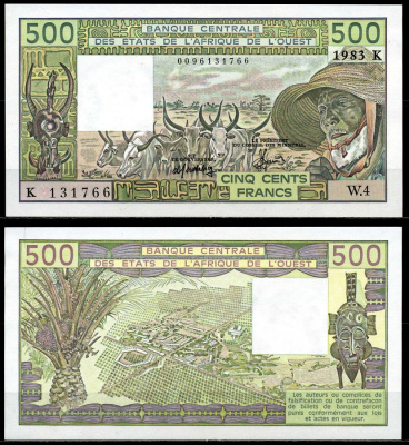 Валютный Союз Стран Западной Африки 500 франков 1983 буква K, Сенегал, signatures: Hamid Algabid & A. Fadiga, 9 цифр в номере (000) Pick 706Kf бумага UNC (пресс) 7200-3-2