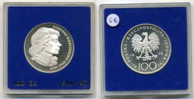 Польша 100 злотых 1976 MW, Тадеуш Костюшко (1746-1817), в оригинальной упаковке KM 82, Parchimowicz 274 серебро PROOF 5-3-1-27