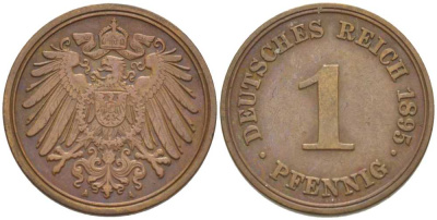 ГЕРМАНИЯ 1 ПФЕННИГ 1895 A KM 10, J. 10, Weege 2 медь 211-211