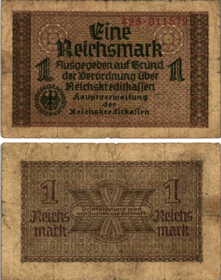 ГЕРМАНИЯ 1 РЕЙХСМАРКА 1940-1945 СЕРИЯ 425, ДЛЯ ОККУПИРОВАНЫХ ТЕРРИТОРИЙ, ВТОРАЯ МИРОВАЯ ВОЙНА Pick R136а, Розенберг 551а бумага 8615-71-1-2
