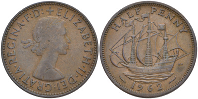 Великобритания 1/2 пенни 1962 Елизавета II (1952-2022) KM 896, Spink 4158 бронза 4561-533