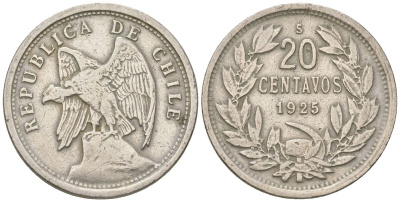 Чили 20 сентаво 1925 KM 167 медно-никель 4513-1041