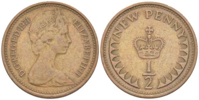 Великобритания 1/2 пенни 1971 Елизавета II (1952-2022) KM 914, Spink 4239 бронза 4387-828
