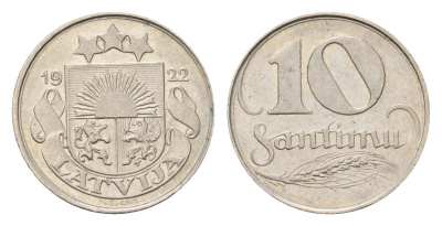 Латвия 10 сантимов 1922 год-тип KM 4 никель 4685-1139