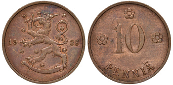 Финляндия 10 пенни 1938 KM 24 медь 51-3017