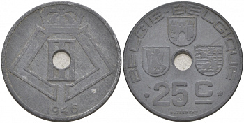 БЕЛЬГИЯ 25 САНТИМОВ 1946 BELGIE-BELGIQUE, ГЕРМАНСКАЯ ОККУПАЦИЯ, ВТОРАЯ МИРОВАЯ ВОЙНА KM 132 цинк 69-231