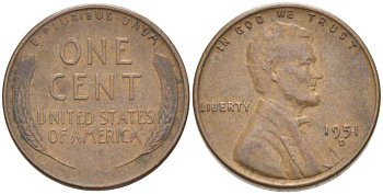 США 1 ЦЕНТ 1951 D, ЛИНКОЛЬН KM А132 медь цинк 3309-564