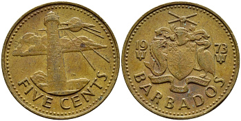 Барбадос 5 центов 1973 маяк Саут-Пойнт KM 11 латунь 4398-511