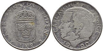 Швеция 1 крона 1990 Карл XVI Густав (1973- ) KM 852a медно-никель 4398-1236