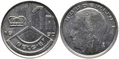 Бельгия 1 франк 1990 Belgie, Бодуэн I (1951-1993) KM 171 нержавеющая сталь 99-1241