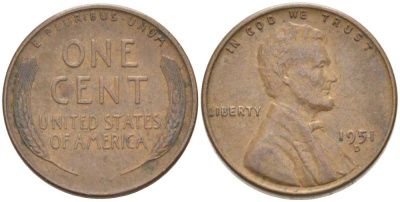 США 1 ЦЕНТ 1951 D, ЛИНКОЛЬН KM А132 медь цинк 3309-564