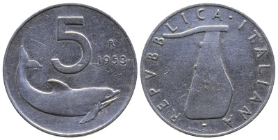 Италия 5 лир 1953 R, дельфин, плуг KM 92 алюминий 4385-1042