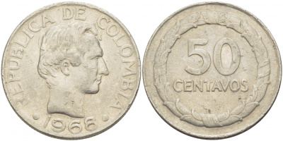 Колумбия 50 сентаво 1968 Симон Боливар KM 228 никелированная сталь 51-4241