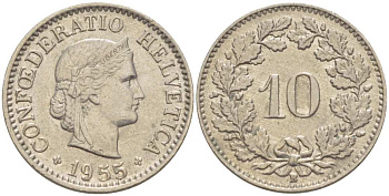 ШВЕЙЦАРИЯ 10 РАППЕНОВ 1955 В KM 27 медно-никель 39-467