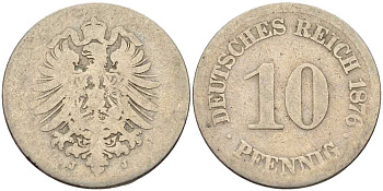 Германия 10 пфеннигов 1876 J, старогербовка KM 4, Jager 4, Weege 7 медно-никель 4401-312