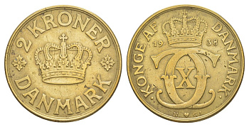 Дания 2 кроны 1938 N, Кристиан X (1912-1947) KM 825 алюминиевая бронза 1517-1543