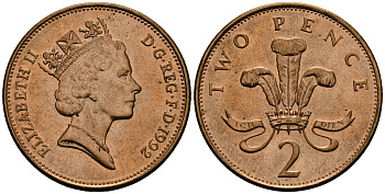 Великобритания 2 пенса 1992 Елизавета II (1952-2022) KM 936a, Spink 4376 сталь плакированная медью 4607-926