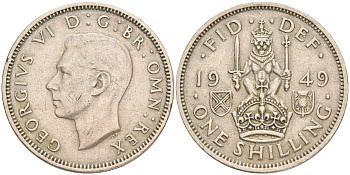 Великобритания 1 шиллинг 1949 Георг VI (1936-1952), Шотландский герб KM 877, Spink 4109 медно-никель 4556-613