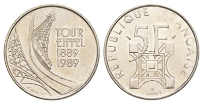 Франция 5 франков 1989 100 лет Эйфелевой башне KM 968 никель UNC 4637-311