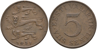 Эстония 5 центов 1931 Республика (1918-1941) KM 11 бронза 4586-1041