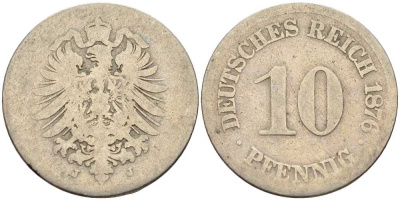 Германия 10 пфеннигов 1876 J, старогербовка KM 4, Jager 4, Weege 7 медно-никель 4401-312