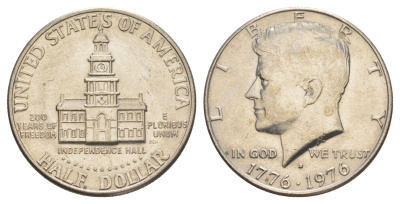 США 1/2 доллара (50 центов) 1976 D, 200 лет независимости, Джон Кеннеди KM 205 медь плакированная медно-никелем aUNC 4545-1042