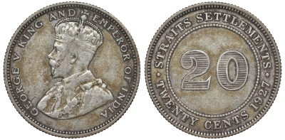 Стрейтс-Сетлментс 20 центов 1927 Георг V (1910-1936) КМ 30b серебро 53-824