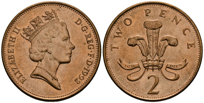 Великобритания 2 пенса 1992 Елизавета II (1952-2022) KM 936a, Spink 4376 сталь плакированная медью 4607-926