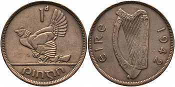 ИРЛАНДИЯ 1 ПЕННИ 1942 КУРИЦА С ЦЫПЛЯТАМИ KM 11 бронза 4127-514