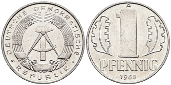 ГДР 1 пфенниг 1968 А KM 8.1 алюминий aUNC 4564-1017