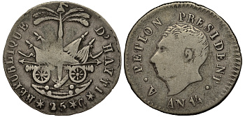 Гаити 25 сантимов 1817 14 год, Президент Александр Петион KM 15.2 серебро 272-525
