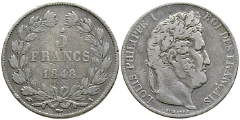 Франция 5 франков 1848 А, Луи Филипп I (1830-1848) LE FRANC 325.17, KM 749.1 серебро 79-1335