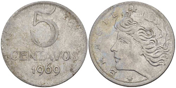 Бразилия 5 сентаво 1969 реформа 1967-1985, голова свободы влево KM 577.1 нержавеющая сталь 35-515