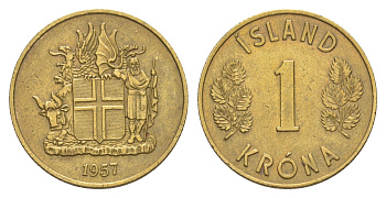 Исландия 1 крона 1957 KM 12a никель латунь aUNC 4633-1237