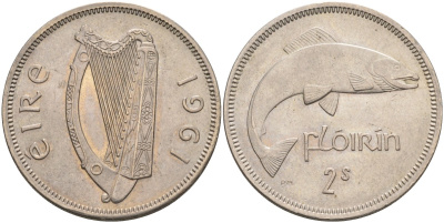 Ирландия 1 флорин 1961 лосось KM 15a медно-никель aUNC 4583-412