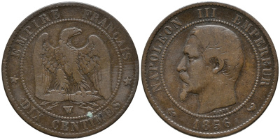 Франция 10 сантимов 1856 W, Наполеон III (1852-1870) KM 771.7, Le Franc 133.38 бронза 32-1015