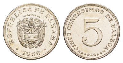 Панама 5 сентесимо 1966 тираж 13.000 экземпляров KM 23.2 медно-никель PROOF 1524-414