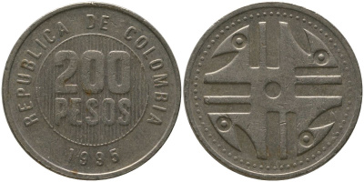 Колумбия 200 песо 1995 KM 287.2, Schon 113, Restrepo 446 никель латунь 4538-323