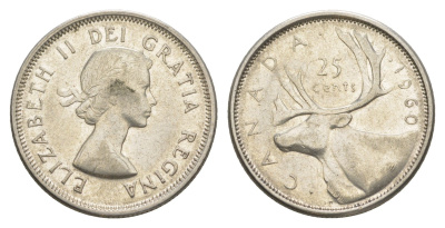 Канада 25 центов 1960 Елизавета II (1952-2022), олень KM 52 серебро 4631-913