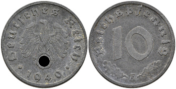 ГЕРМАНИЯ 10 РЕЙХСПФЕННИГОВ 1940 F, KM 101, J. 371 цинк 75-231