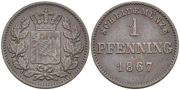 Бавария 1 пфенниг 1867 Людвиг II (1864-1886) КМ 471 медь 201-254