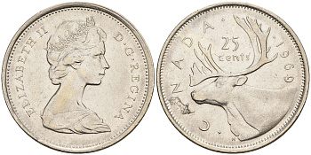 Канада 25 центов 1969 Елизавета II (1952-2022), олень KM 62 b никель4595-637